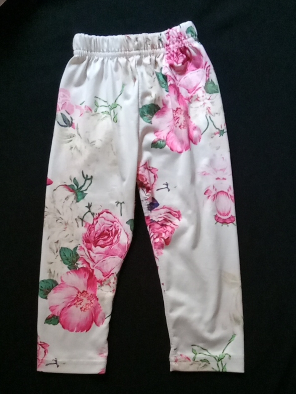 White Floral Print Elastic Waist Pants - Pink & Green Roses